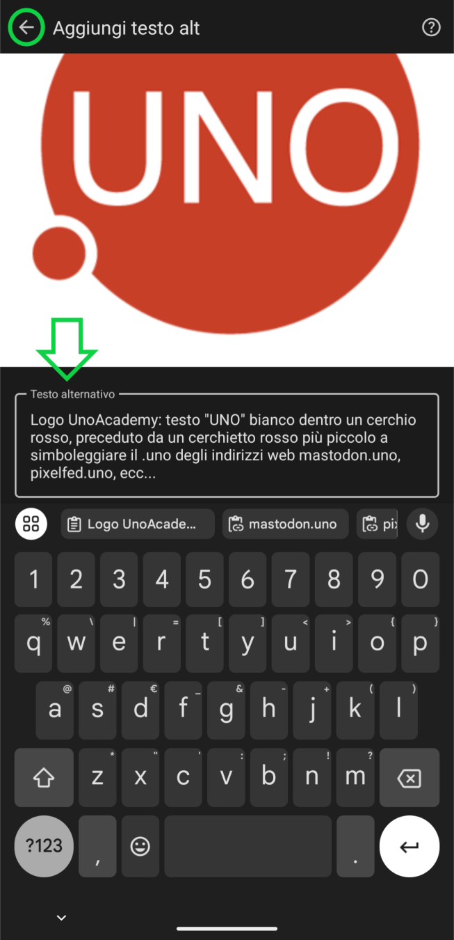 Interfaccia Mastodon Android app per il caricamento di contenuti multimediali: inserimento dell'AltText