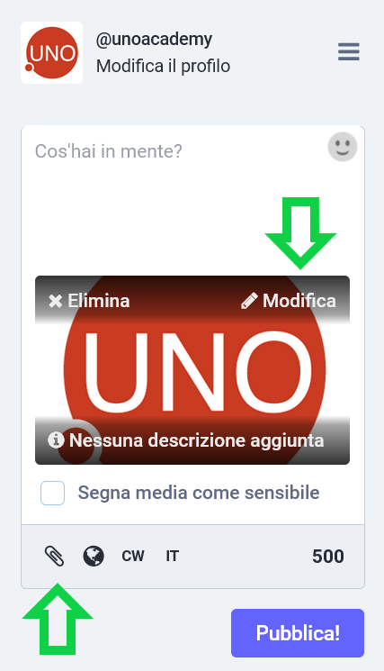 Interfaccia web Mastodon per il caricamento di contenuti multimediali: selezione immagine e accesso all'inserimento dell'AltText 