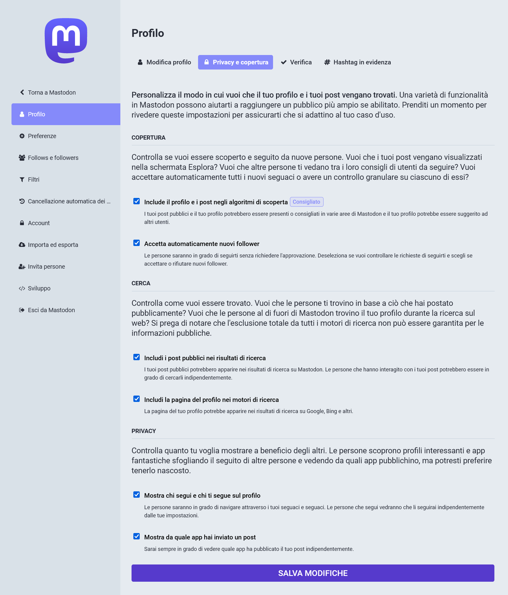 Schermata "Privacy e copertura" di Mastodon a partire dalla versione 4.2