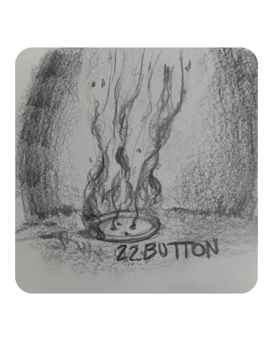 Disegno a matita di un bottone da cui sale fumo e fiamm, sotto c'è scritto “22. BUTTON”.