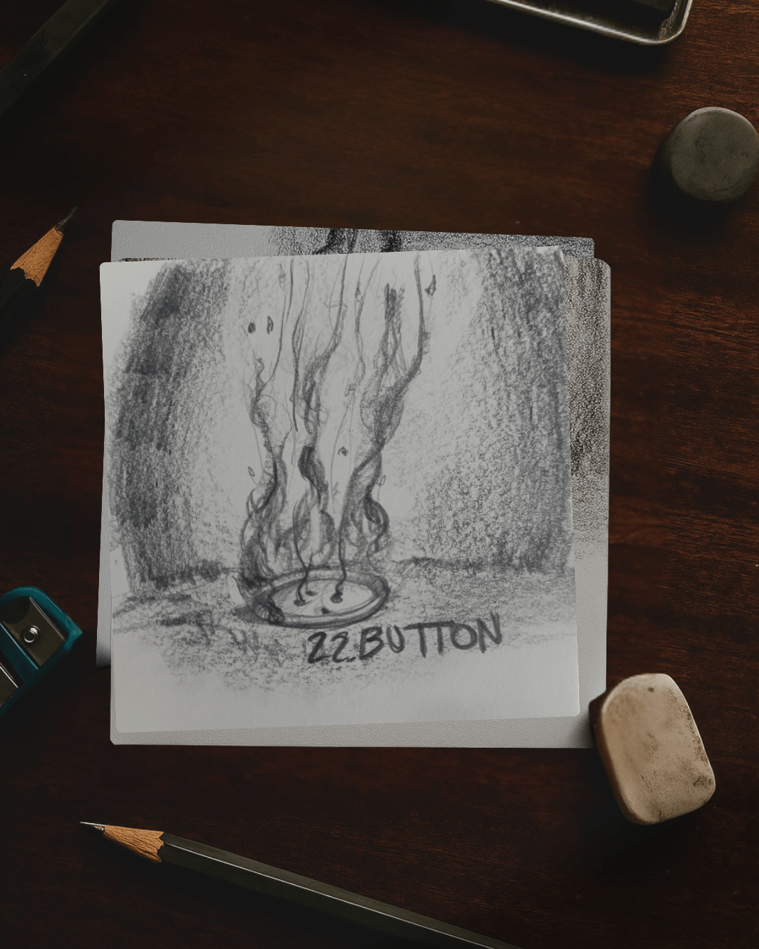 Disegno a matita di un bottone da cui sale fumo e fiamm, sotto c'è scritto “22. BUTTON”. Foglio su tavolo di legno con matita e gomma accanto.