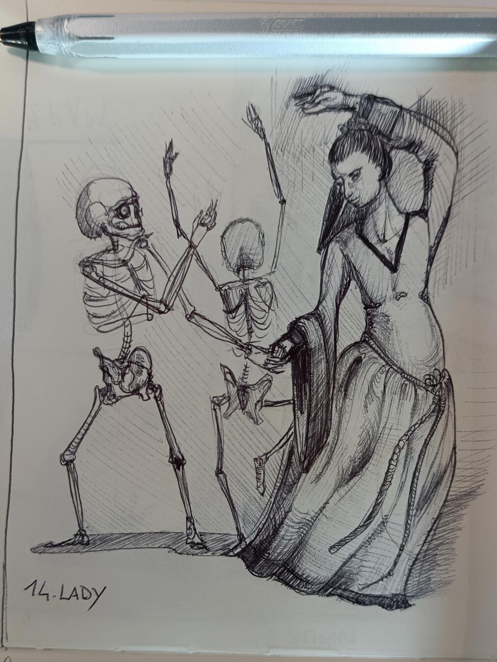 Disegno a penna nera su foglio bianco. Una scena tipica della danza macabra, uno scheletro balla con una donna in abiti rinascimentali. Suolo sfondo un altro scheletrino balla. In basso a sinistra la scritta Lady.